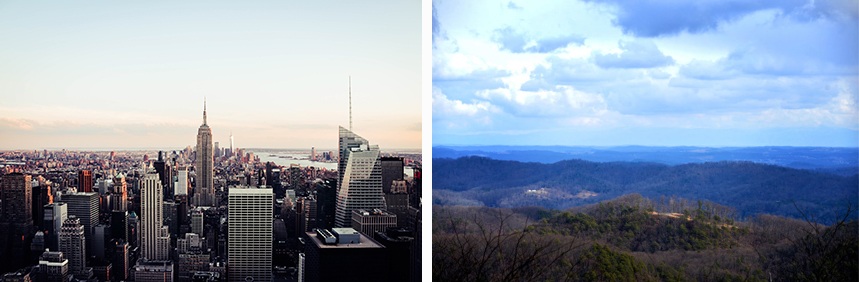 A landscape of New York City is compared to an Appalachian mountain and sky landscape.