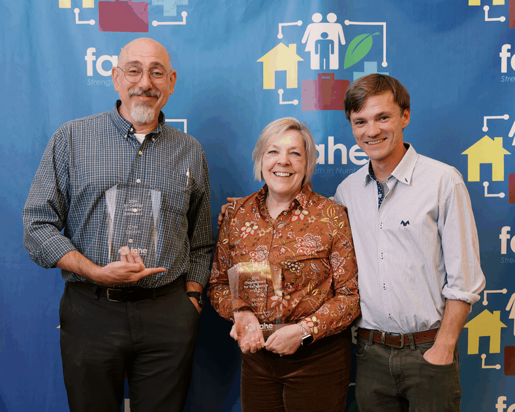 HomeSource east tennessee’s Jackie Mayo and Chris Osborn accept the 2025 Fahe Awards for Excellence – Impact for Training & Mentoring and the Art Collings Award for Advocacy, joined by Traviss Witt during the Fahe Annual Meeting.